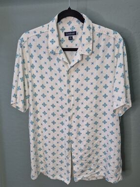 Club Room Cream Short-Sleeve Silk Blend Shirt with Blue Geometric Print